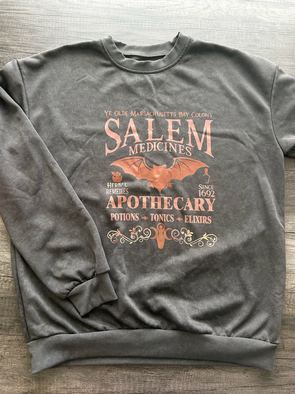 Salem Apothecary Graphic Crewneck Sweater - Black with Rust Print